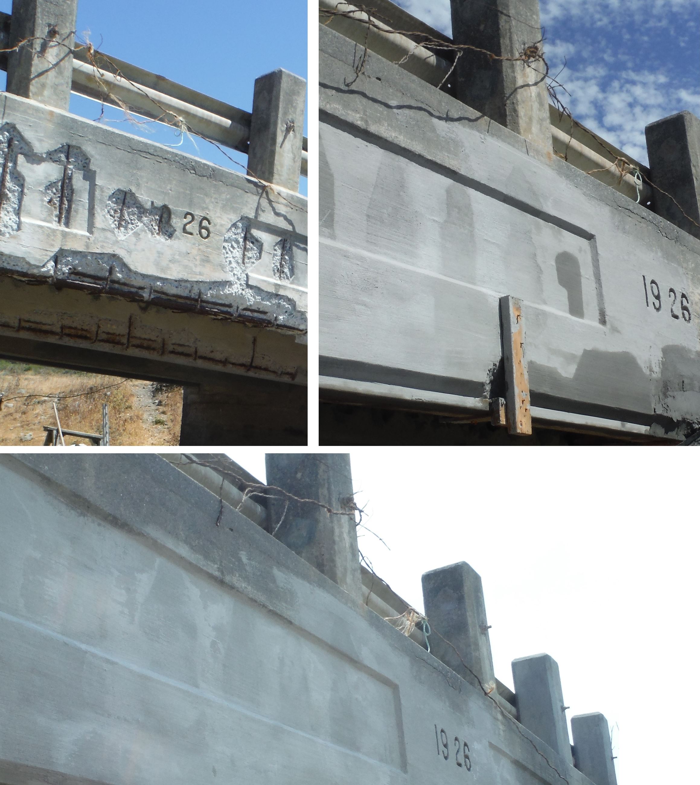 Three side-by-side images showing the process of making concrete patch repairs.