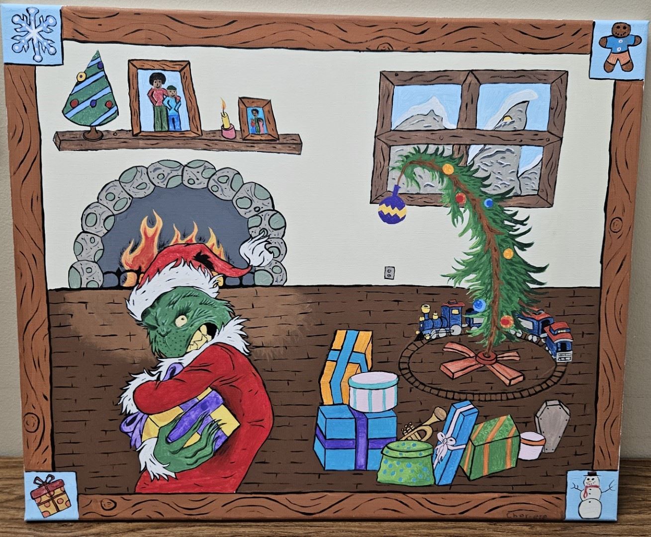 a painting of the Grinch stealing a Christmas present inside a house