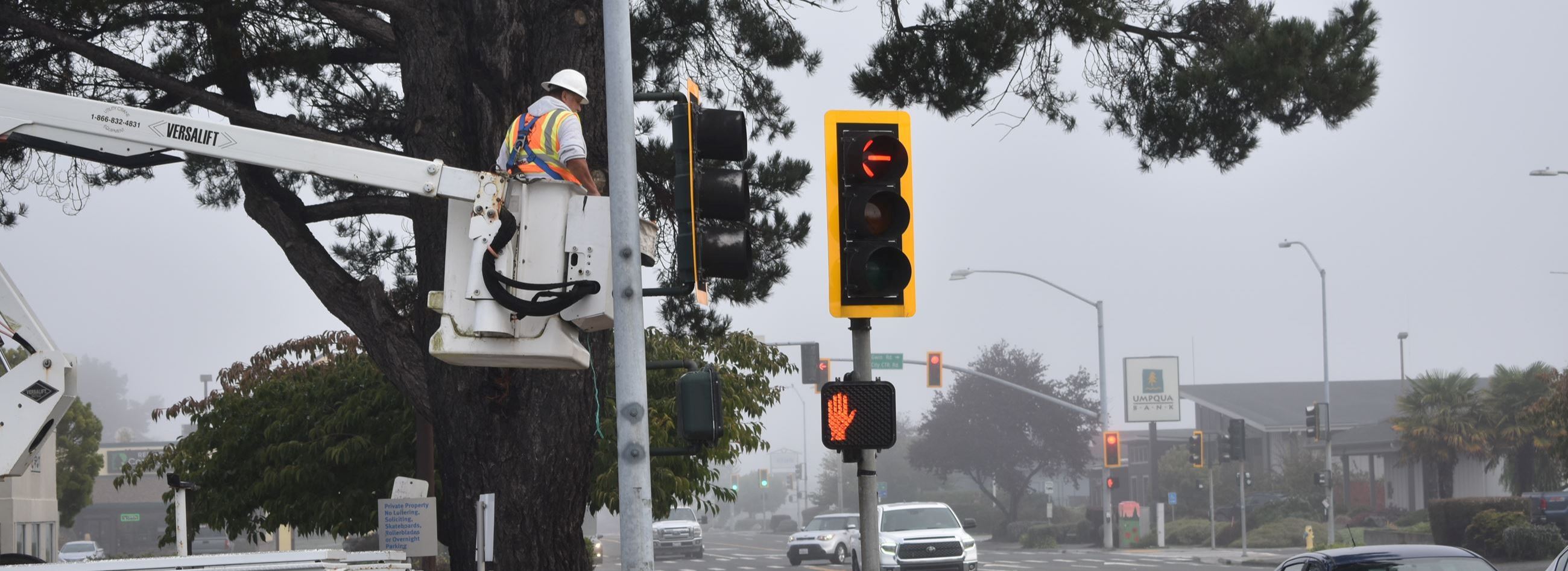 Repairing a traffic light in McKinleyville.