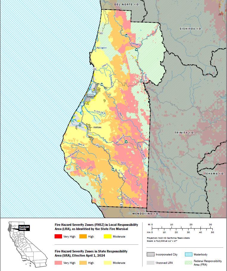 Humboldt County Map with colors showing Very High, High, and Moderate Severity Zones, click for pdf
