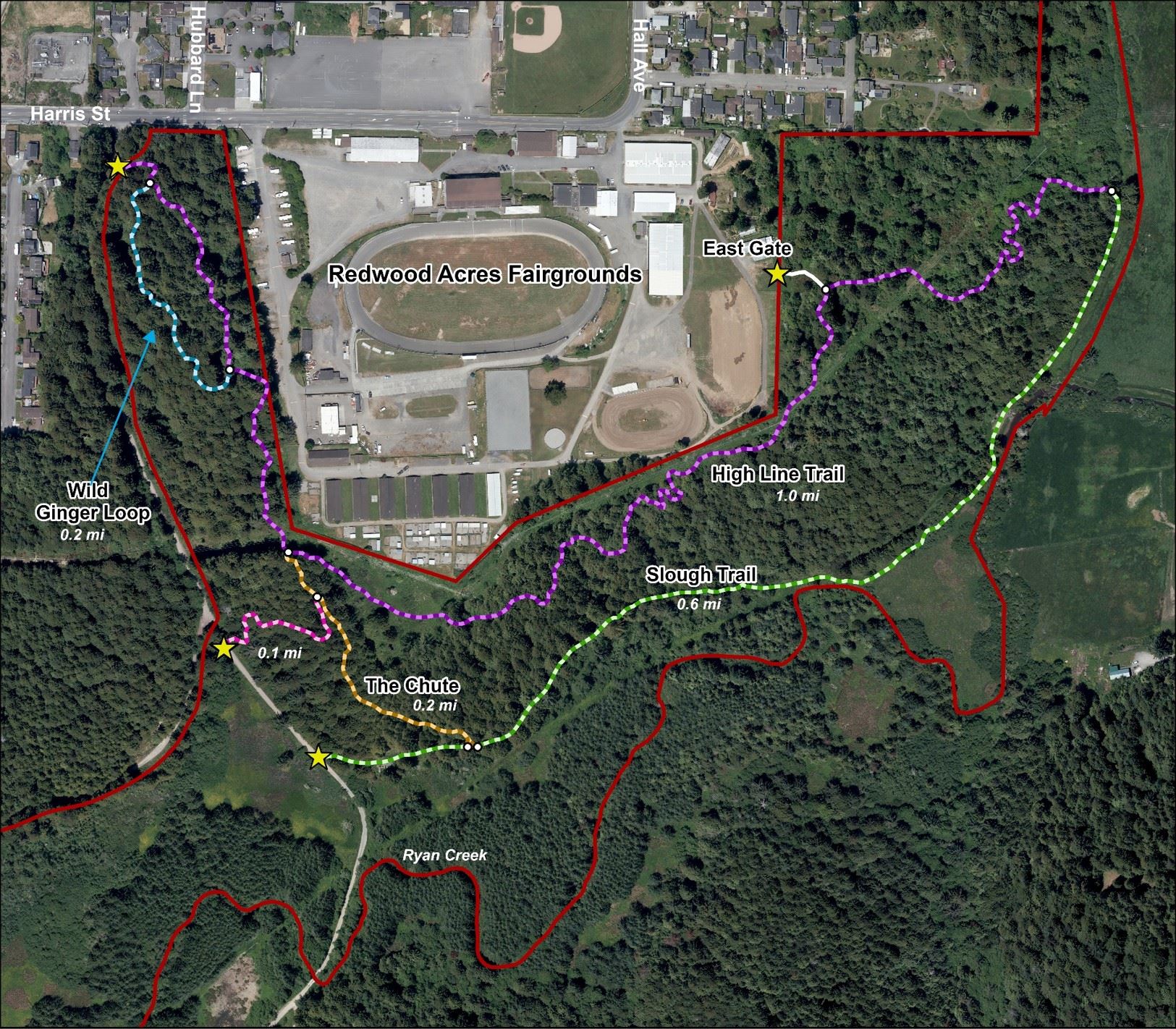 A map of the trails available at the Redwood Acres portion of the McKay Forest off Harris Street