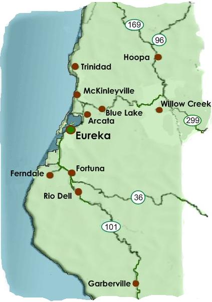 Library location map showing all branches from Trinidad in the North to Garberville in the South.