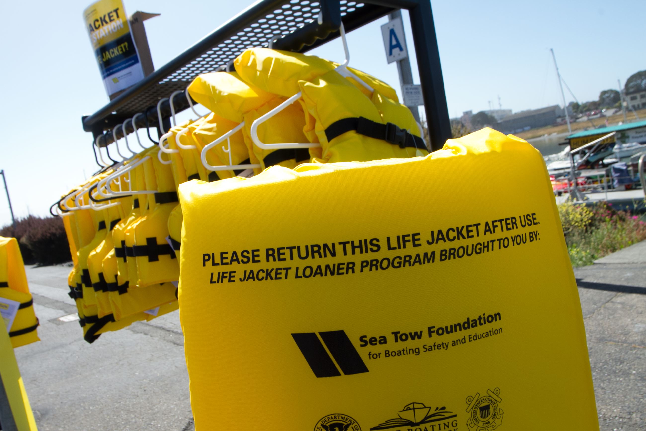 Brightly colored life jackets are available to borrow at loan stations throughout Humboldt County. 