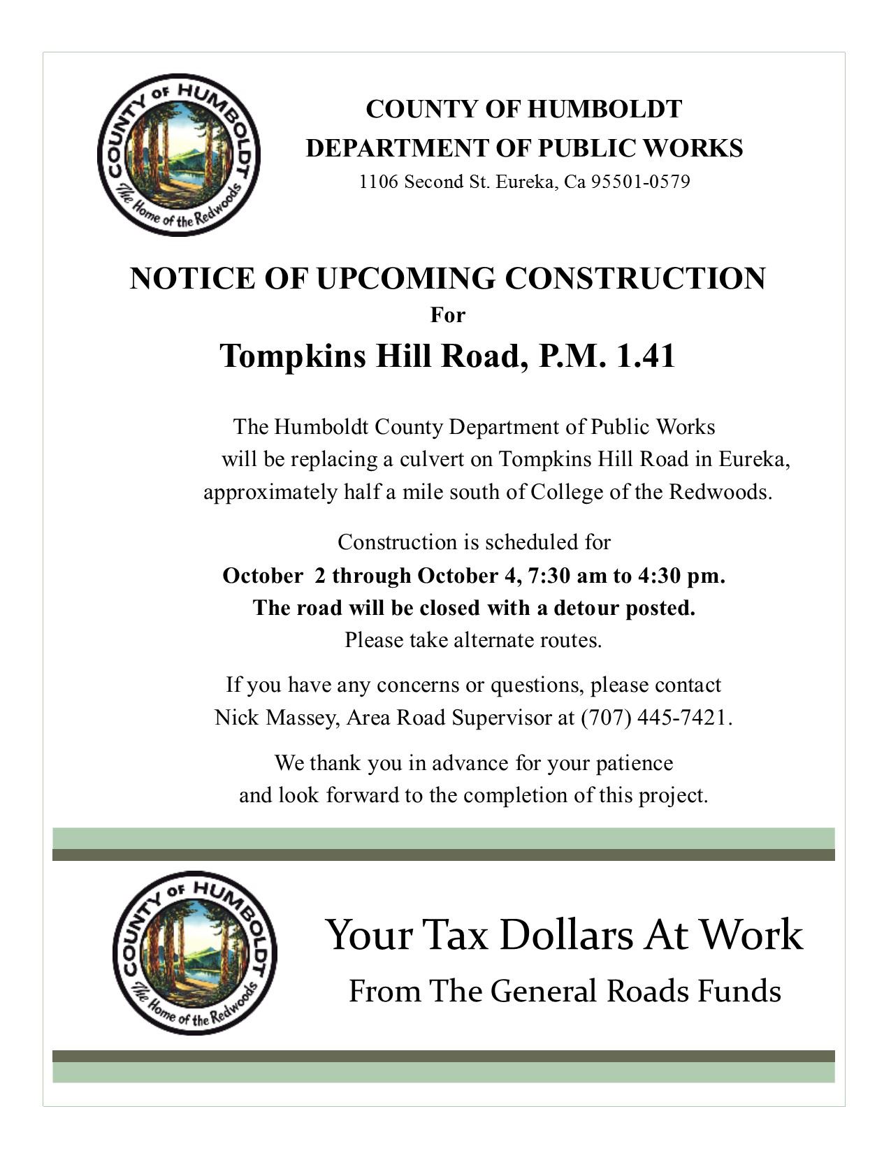 Tompkins Hill Road flier