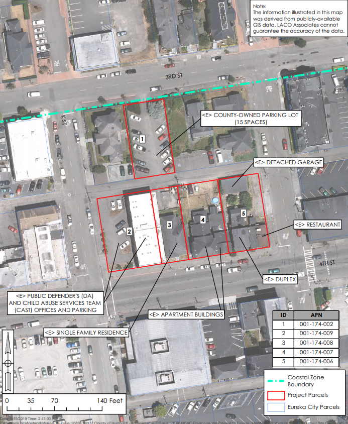 Map showing parcels proposed to be acquired, along with nearby county facilities.