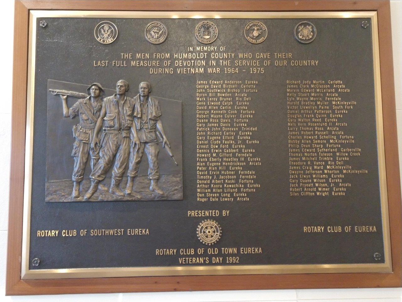 Humboldt County Vietnam War Veterans Memorial plaque 1964-1975