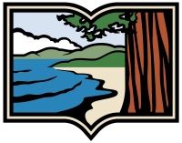 Humboldt County Library logo, a mighty redwood, sea & mountain, framed by a book.