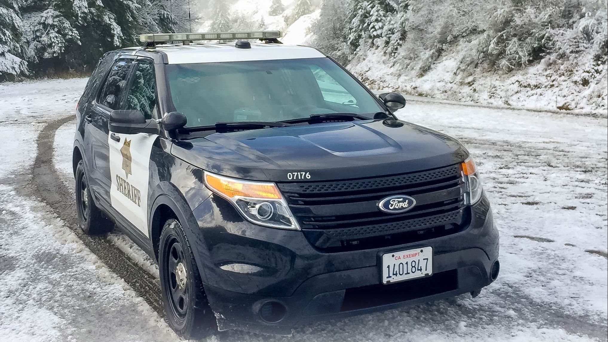 Patrol cars parked in road with snow and trees in background