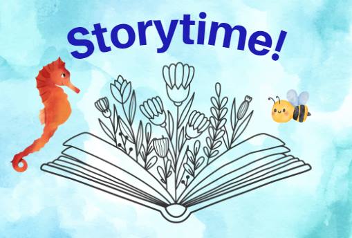 flowers spring from an open book - a story blooms as a seahorse and bee look on!