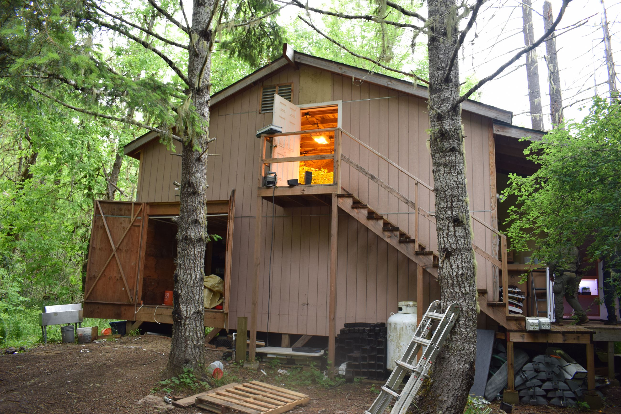 Outside of one multi-story grow house