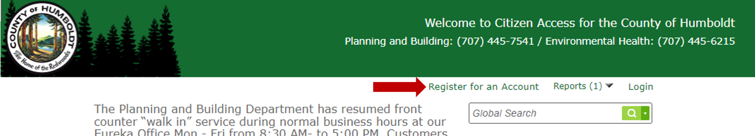 Accela \"Register for an account\" link.