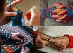 Four sets of hands weave, crochet, and use yarn.