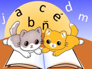Two kittens share a book while letters dance over their heads.