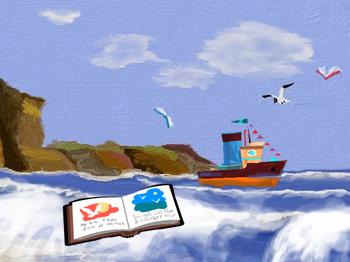 A boat bobs on white-capped waves, a gull flies, and picture books soar on the wind.