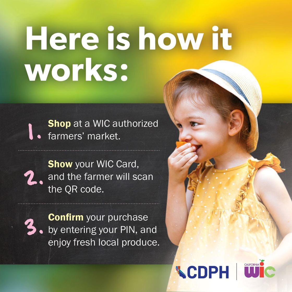 Here is how it works:  1. Shop at a WIC authorized farmers' market. 2. Show your WIC card, and the farmer will scan the QR code. 3. Confirm your purchase by entering your PIN, and enjoy fresh produce.