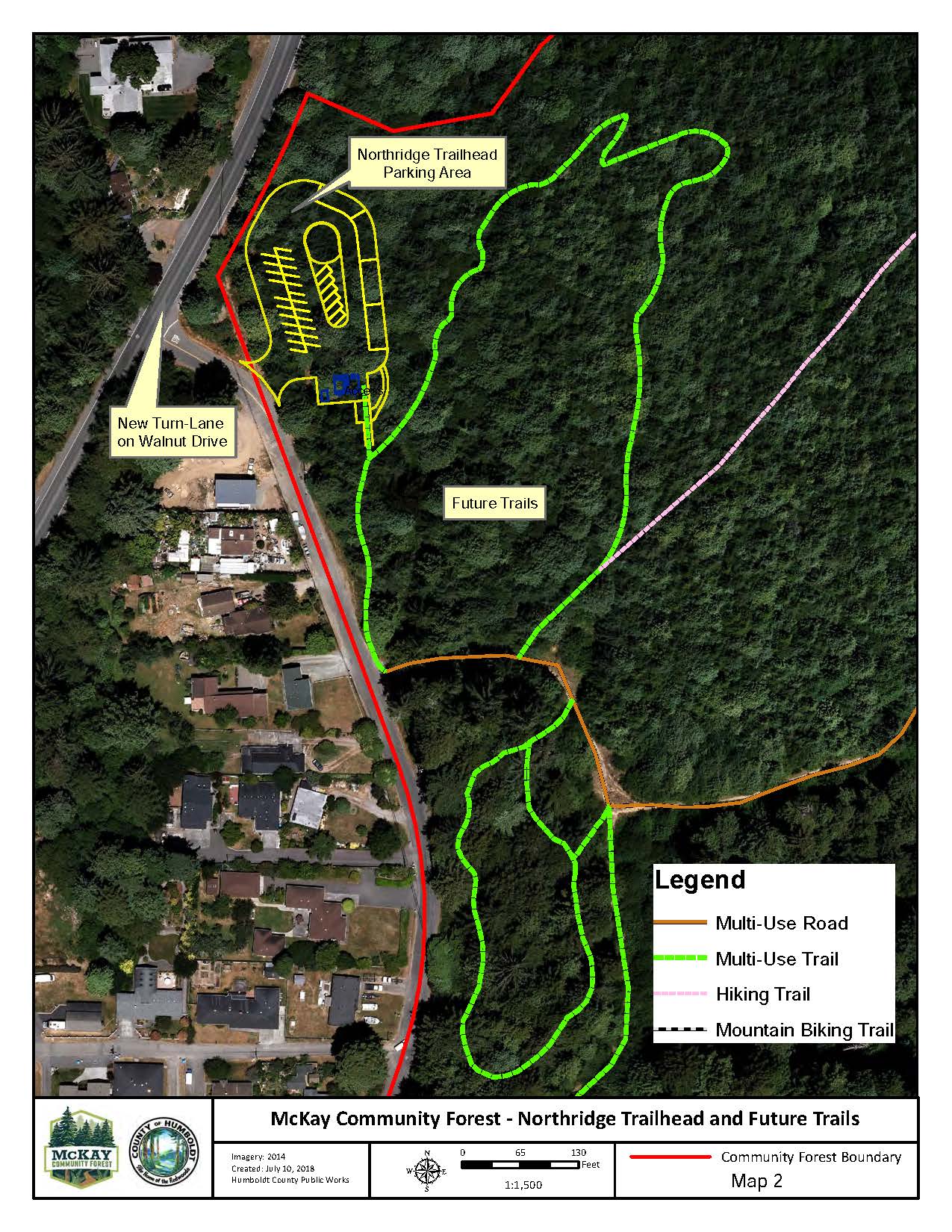 McKay Community Forest Map showing drawing of future parking lot off Walnut Drive and future trails 
