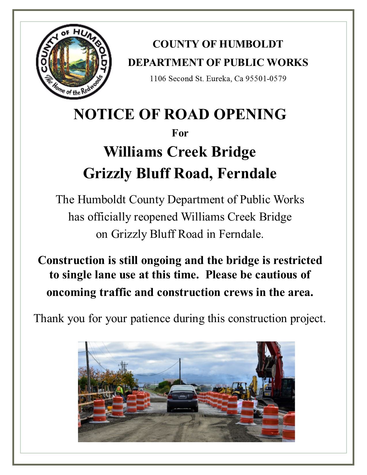 Williams Creek Bridge reopened